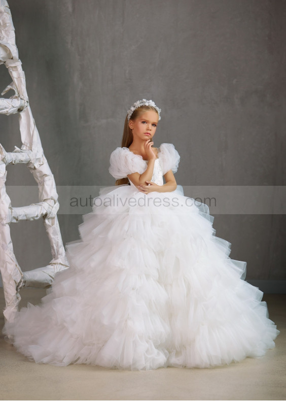 Beaded Ivory Lace Tulle Ruffled Flower Girl Dress